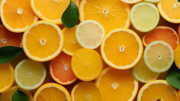 Slices of citrus fruits in full frame view. Raw citrus fruits background photo