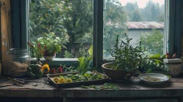 Highlight Plant Stand Amid Lush Greenery with Natural Light and Soft Shadows. . photo