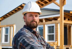 Portrait of a male construction worker at home. Construction worker photo