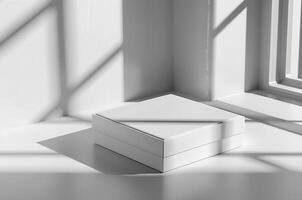 Mockup white box near the wall, window shadow, 3D box photo