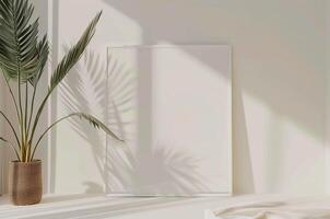 Mockup painting near a white wall, palm tree, shadow from a palm tree photo