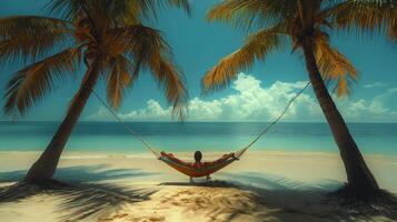 Beautiful beach. Hammock between two palm trees on the beach. Holiday and vacation concept photo