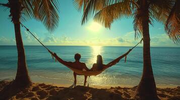 Beautiful beach. Hammock between two palm trees on the beach. Holiday and vacation concept photo