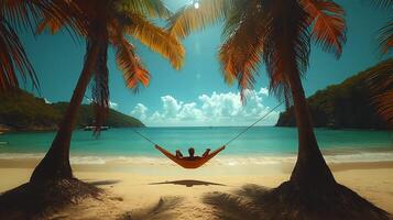 Beautiful beach. Hammock between two palm trees on the beach. Holiday and vacation concept photo