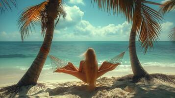 Beautiful beach. Hammock between two palm trees on the beach. Holiday and vacation concept photo