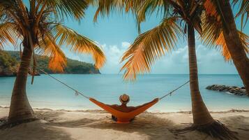 Beautiful beach. Hammock between two palm trees on the beach. Holiday and vacation concept photo