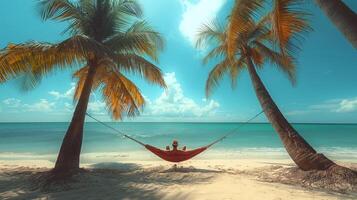 Beautiful beach. Hammock between two palm trees on the beach. Holiday and vacation concept photo