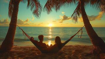 Beautiful beach. Hammock between two palm trees on the beach. Holiday and vacation concept photo