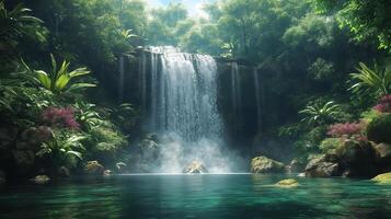 A waterfall surrounded by a dense jungle with lush greenery and rocks photo