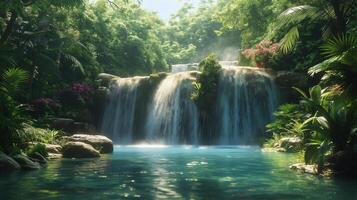 A waterfall surrounded by a dense jungle with lush greenery and rocks photo