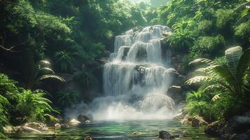 A waterfall surrounded by a dense jungle with lush greenery and rocks photo