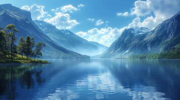 The image features a river flowing over rocks, with a waterfall and a lush forest in the background. The sky is blue with white clouds, and the sun is shining brightly photo