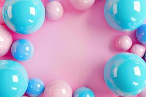 Banner abstract background, with 3D blue, turquoise and pink spheres, balls on pink background. photo