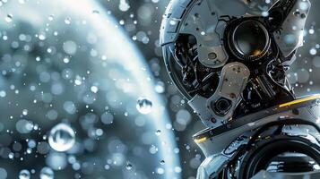 Futuristic robot gazing at water droplets on moon photo