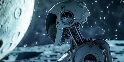 Futuristic robot gazing at water droplets on moon photo