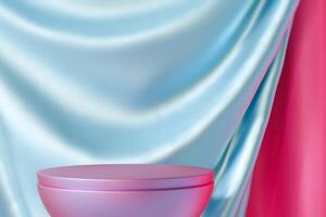 Luxurious holographic podium against draped satin background, ideal for showcasing cosmetics or jewelry in elegant marketing visuals and displays. Mock up. Copy space for product. Color gradient. 3D. photo