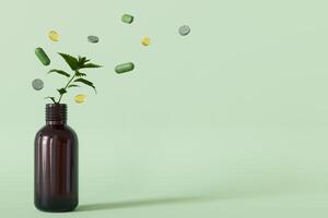 A dynamic composition with herbal pills and a plant sprouting from a bottle, illustrating the natural essence of homeopathic remedies. Copy space for text. Alternative medicine. 3D render. photo