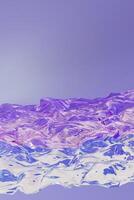 Fluid holographic waves on purple background, ideal for futuristic designs, Y2K-themed graphics, or trendy digital backdrops. Iridescent surface. Copy space for text. Vertical format. 3D render. photo