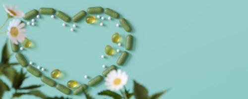 Herbal supplements and homeopathy pills artfully arranged in a heart shape with a daisy, symbolizing love for natural healthcare on blue backdrop. Homeopathic therapy. Copy space for text. Banner. 3D. photo