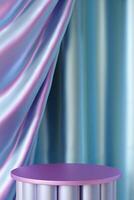Holographic podium against draped satin background, ideal for showcasing cosmetics or jewelry in elegant marketing visuals and displays. Vertical mock up. Copy space for product. Color gradient. 3D. photo