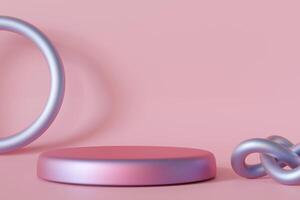 Stylish holographic podium against pink background, ideal for showcasing cosmetics or jewelry in elegant marketing visuals and displays. Mock up. Copy space for product. Color gradient. 3D. photo