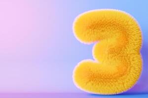 Playful, fluffy number three on gradient background. Yellow symbol 3. Invitation for a third birthday party, or any kids event celebrating a 3rd milestone. Vibrant, neon colors. Copy space. 3D. photo