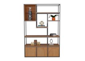 3d rendering open bookcase shelf with decoration photo