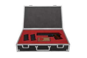 3d rendering open box with weapons and bullets magazines isolated on white background photo