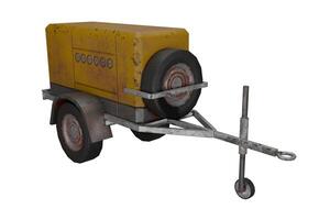 3d render of old trailer with oil barrel and wooden box photo