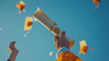 un persona es participación un diploma y un gorra mientras volador mediante el aire foto