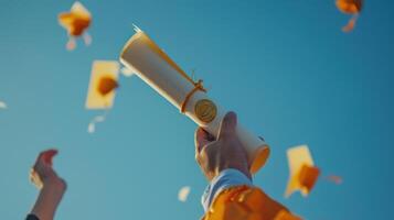 A person is holding a diploma and a cap while flying through the air photo