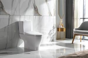 A white toilet with a black lid sits in a bathroom with a marble wall photo