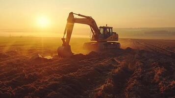 A large orange and yellow construction vehicle is digging into the dirt photo