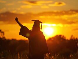 un mujer en un graduación gorra y vestido es en pie en frente de un puesta de sol foto