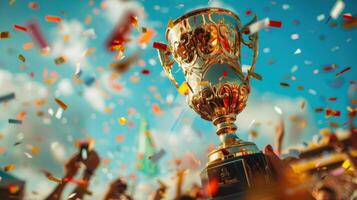 A gold trophy is being held by a person in a crowd of people photo