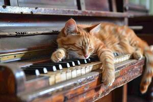 A cat is sleeping on a piano photo