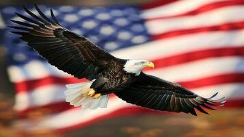 un calvo águila volador terminado un rojo, blanco, y azul americano bandera foto