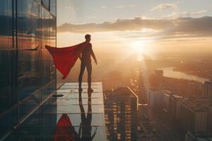 A man in a red cape stands on a rooftop in a city photo