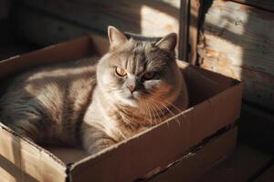 A cat is sleeping in a cardboard box photo