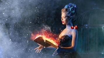 Christmas fairy tale concept. Snow queen calling winter use book of spells photo