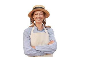 Woman dressed apron white background Caucasian middle age female business owner in uniform photo
