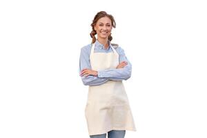 Woman dressed apron white background Caucasian middle age female business owner in uniform photo