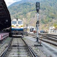 Kathgodam, Uttarakhand, India, September 25 2023 - Indian train diesel locomotive engine at Kathgodam railway station during the day time, Kathgodam Shatabdi train diesel locomotive engine photo