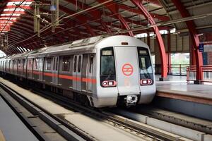 New Delhi India - October 09 2023 - Delhi Metro train arriving at Jhandewalan metro station in New Delhi, India, Asia, Public Metro departing from Jhandewalan station photo