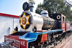 Kathgodam, Uttarakhand, India, September 25 2023 - Indian train diesel locomotive engine at Kathgodam railway station during the day time, Kathgodam Shatabdi train diesel locomotive engine photo