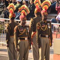 Wagah Border, Amritsar, Punjab, India, 02 February 2024 - Flag ceremony by Border Security Force BSF guards at India-Pakistan border near Attari Amritsar, Punjab, India held every day evening time photo