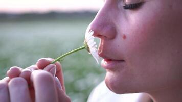 en kvinna är lukta en daisy blomma. de blomma är vit och de kvinna är innehav den upp till henne näsa. video