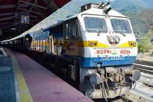 Kathgodam, Uttarakhand, India, September 25 2023 - Indian train diesel locomotive engine at Kathgodam railway station during the day time, Kathgodam Shatabdi train diesel locomotive engine photo