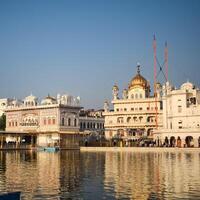 View of details of architecture inside Golden Temple - Harmandir Sahib in Amritsar, Punjab, India, Famous indian sikh landmark, Golden Temple, the main sanctuary of Sikhs in Amritsar, India photo