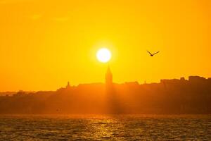 Galata Tower view at sunset with shadow in the haze and seagull on the sky photo